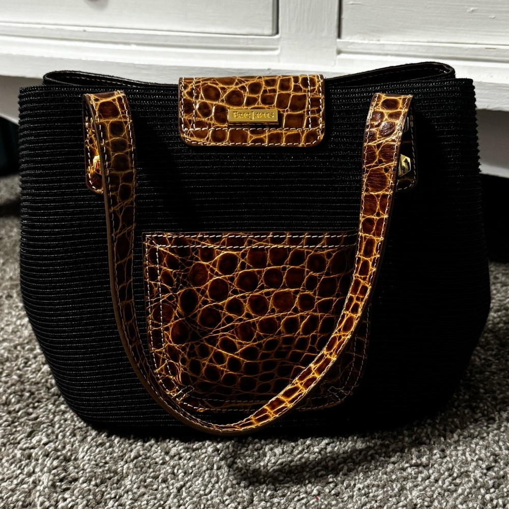 Eric Javits Black Island Tote Bag with Brown Croc-Trim and Gold Hardware - Picture 2 of 12